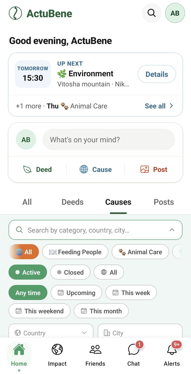 The ActuBene Home tab: the next cause you joined, one card to log a deed, cause or post, and filters for finding causes by category, date and location